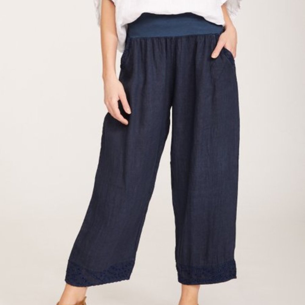 Ornella Paris Navy Eyelet-Trim Pocket Linen Wide-Leg Pants